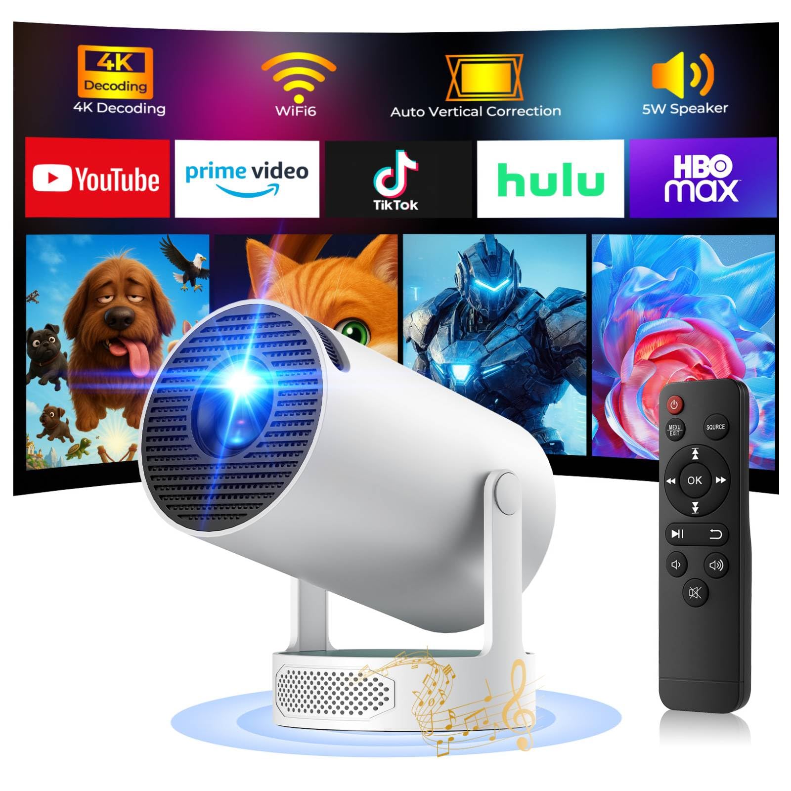 Mini Beamer Unterstützung Android 11, Smart Beamer 4K Heimkino 1080P 5W Lautsprecher, Mini Projektor Tragbarer WiFi6 BT5.4, Projektor Klein Auto Keystone 270° Dreh Kompatibel mit HDMI/TV Stick/Laptop PR08A Angebot bei HelloDeals