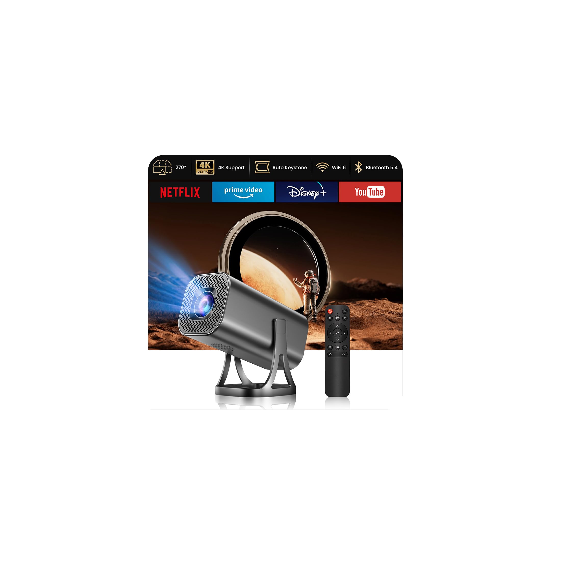 Mini Beamer Unterstützt 4K 1080P, Mini Projektor Android 12.0 22000L mit, WiFi 6 und Bluetooth 5.4, Heimkino Smart Beamer mit Auto Keystone Handy 270° Drehen für PC/HDMI/USB/TF Karte Grau Angebot bei HelloDeals