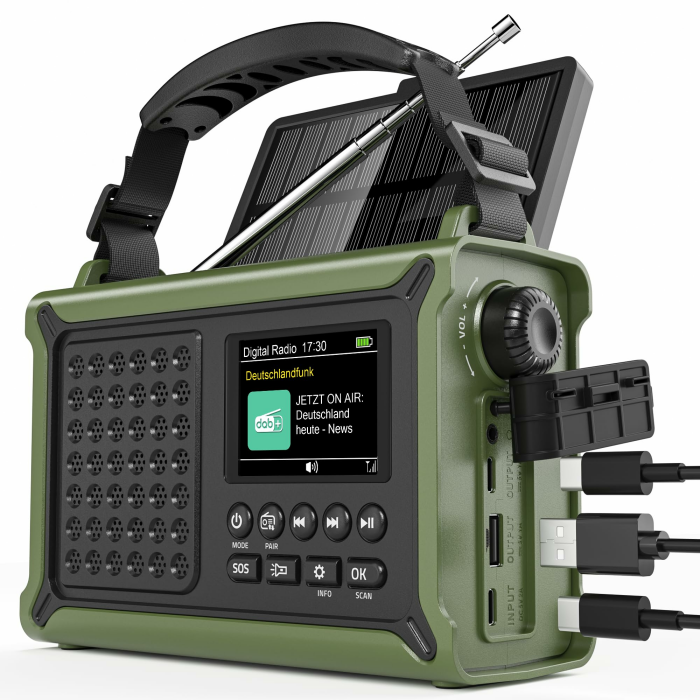 Kurbelradio, DAB/DAB+/UKW Notfallradio, mit 12000mAh Akku & 8500mm² Solarpanel & 650mA Handkurbel, Dynamo Solar Radio mit Bluetooth 5.0, Als Taschenlampe & Ladegerät, USB, Für Camping, Notfall(Grün) DAB/UKW Grün Angebot bei HelloDeals