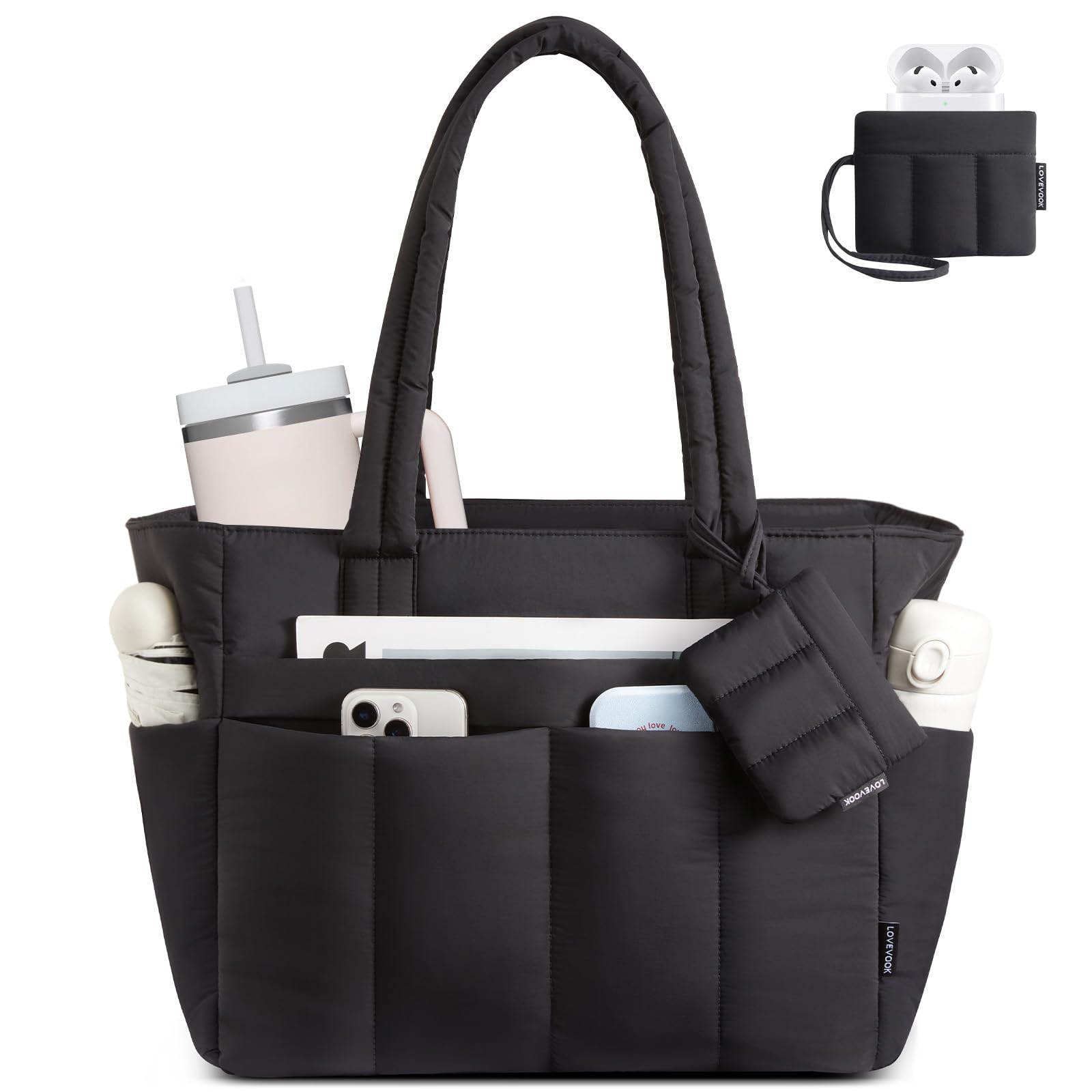 LOVEVOOK Shopper Tasche Damen Handtasche Groß, Leicht Arbeitstasche Puffer Tote Bag mit Vielen Fächern, 15,6 Zoll Laptoptasche Schultasche Lehrertasche, Schultertasche für Arbeit Büro Uni Reise M 1-schwarz Angebot bei HelloDeals