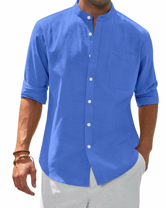 siliteelon Herren Hemd Leinenhemd Langarm Stehkragen Leinenshirt Hemden Herren Freizeithemd Casual Regular Fit Sommer Standhemd XL Königsblau Angebot bei HelloDeals