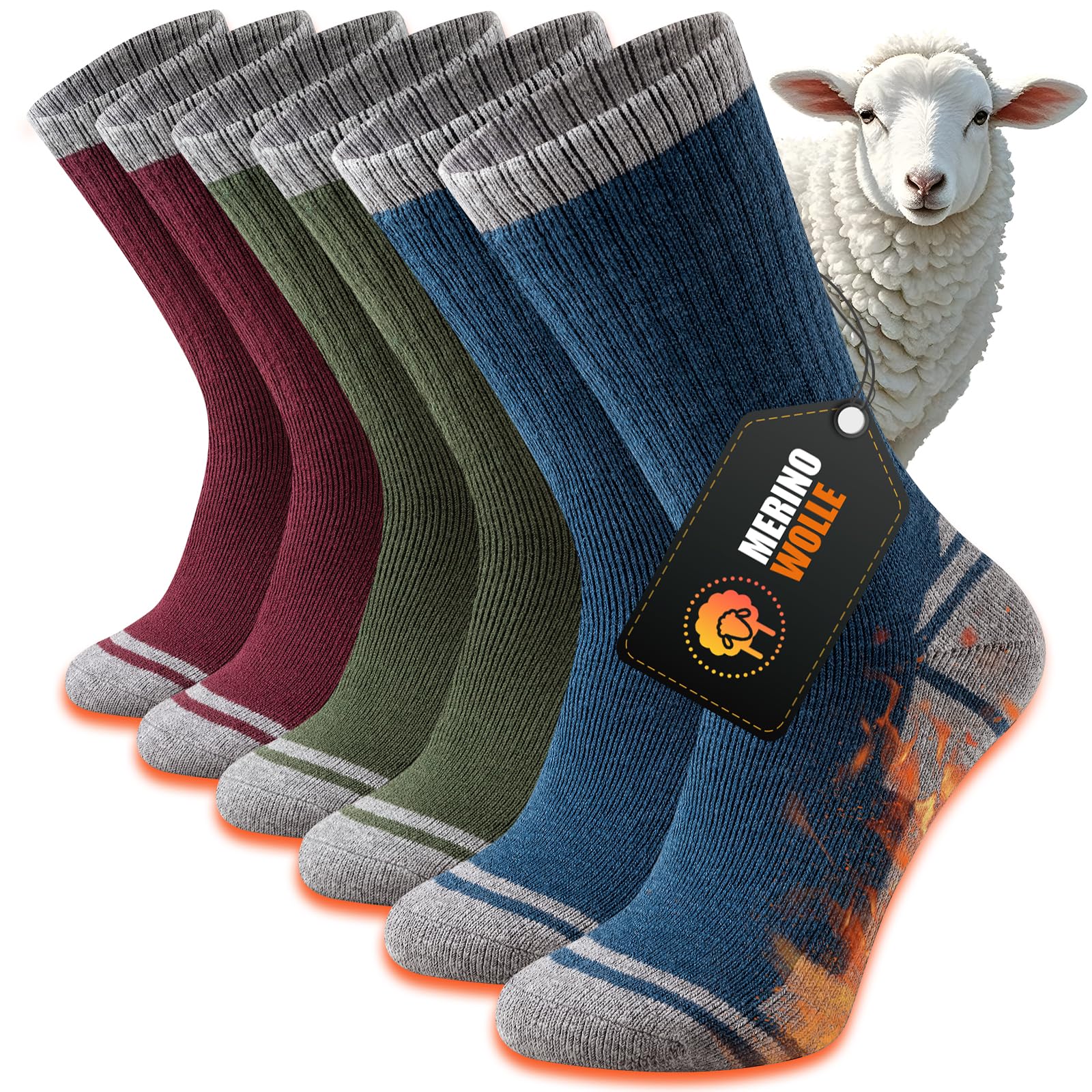 Merino Wandersocken Herren Damen, Dicke Thermosocken Wintersocken, Warme Merinowolle Outdoor Socken, Anti Blase Gepolsterte Trekkingsocken, Atmungsaktiv Sportsocken 3 Paar 39-42 Blau+Rot+Grün Angebot bei HelloDeals