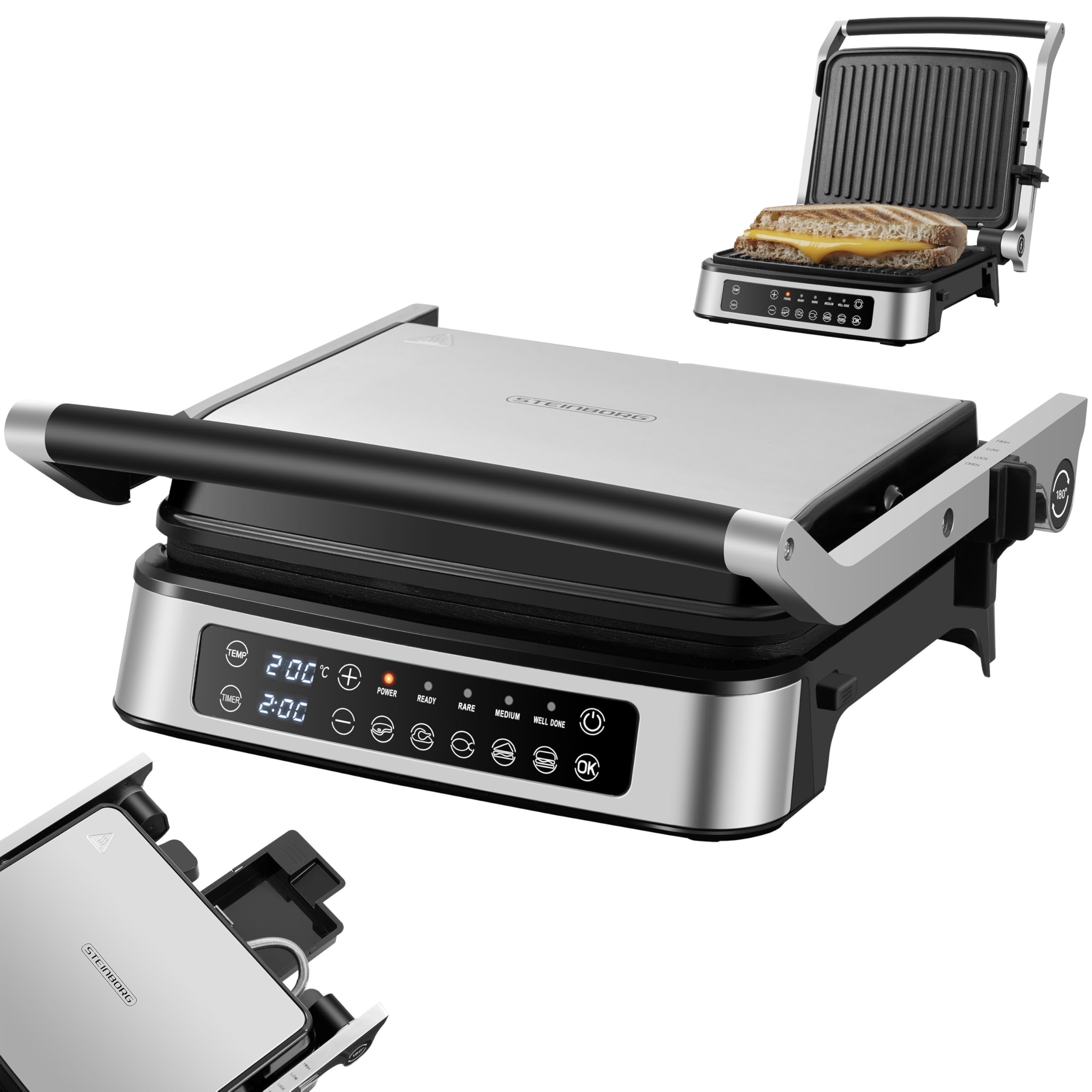 Steinborg® Kontaktgrill abnehmbare Platten mit Touch Display – Elektrischer Tischgrill & Paninigrill, 180° aufklappbar, Antihaft Grillplatten spülmaschinengeeignet, Temperatur- & Timeranzeige Angebot bei HelloDeals