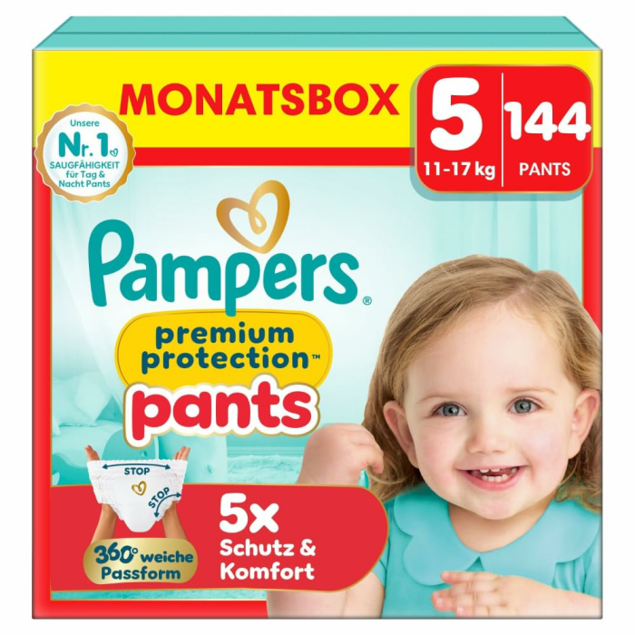 Pampers Premium Protection Pants Größe 5, 144 Windeln, 11kg-17kg, mit 360° Passform und weichen Anti-Auslaufbündchen für unseren besten Komfort und Schutz Größe 5 (144 Stück) NEU Angebot bei HelloDeals