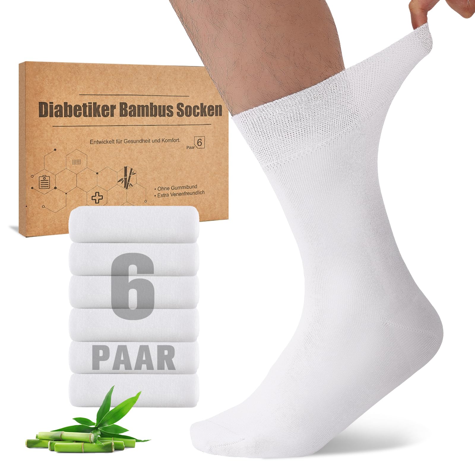 Bambus Diabetikersocken, 6 Paar Diabetiker Socken ohne Gummibund & ohne Naht, Bambussocken Gesundheitssocken mit Komfortbund für Herren & Damen 43-46 6 Weiß Angebot bei HelloDeals