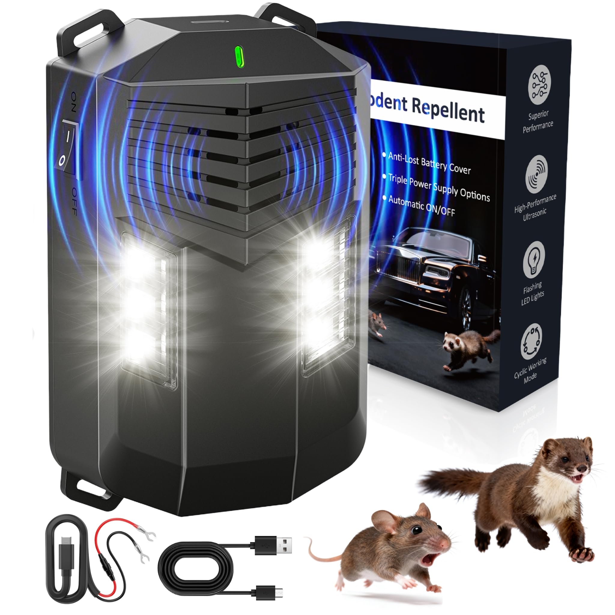 Marderschreck Auto Ultraschall Marderabwehr mit Blitzlicht, Mäuse Vertreiben Marderschreck Dachboden, Mäuseabwehr Batteriebetrieben mit 12V Autobatteriekabel&USB Effektiver, Mäuseschreck für Haus, KFZ Schwarz Angebot bei HelloDeals