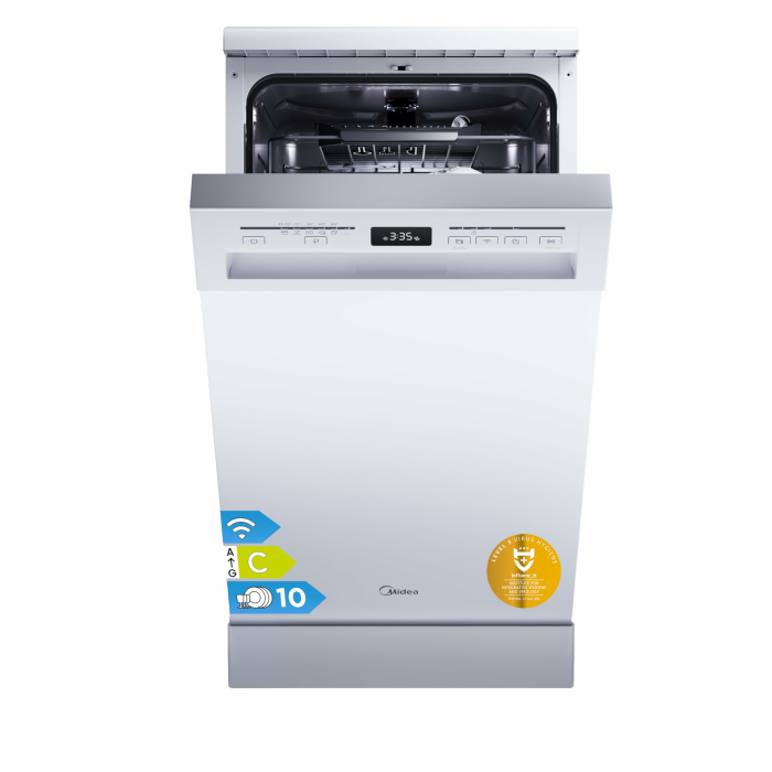 Midea SF 5.45NW10C Geschirrspüler 45cm Freistehend & Unterbaufähig, 10 Maßgedecke, 7 Programme, Spülmaschine 45 cm mit WIFI, 44 db, Startverzögerung, Automatische Türöffnung, 63 kWh/100 Zyklen, Weiß Freistehend,45cm,C Angebot bei HelloDeals