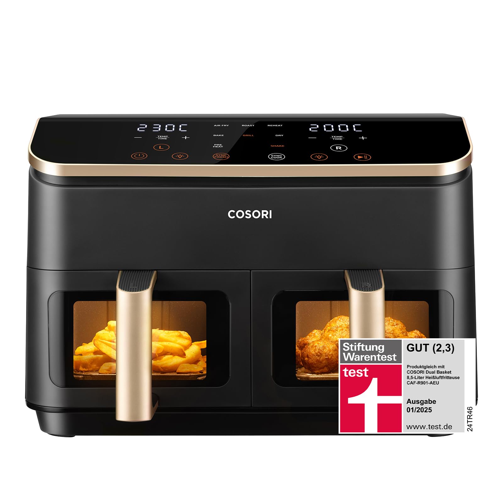 COSORI Heißluftfritteuse 2 Kammern, Airfryer Testsieger der Stiftung Warentest, 6-in-1 Dual Zone Air fryer 8,5 L, Heissluftfritteuse Doppelkammer mit Sichtfenster, energiesparend, Gold 8,5L Gold Angebot bei HelloDeals