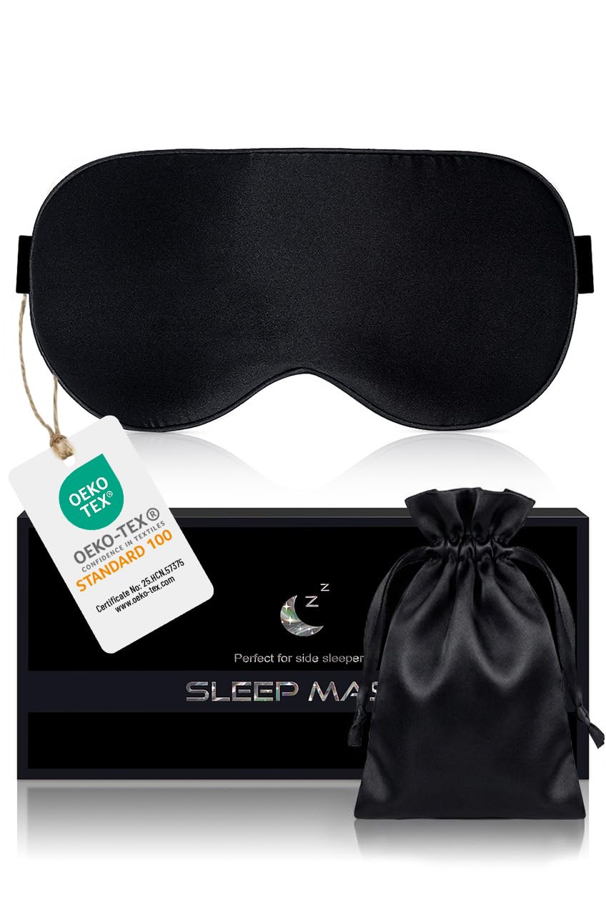 Schlafmaske Seide für Seitenschläfer, 100% Bio Maulbeerseide, 9 8% Lichtblockierende Schlafbrille mit Verstellbarem Band für Frauen & Herren & Kinder, Schlaf Augenmaske für Reise Gadget, Schwarz Samtschwarz Angebot bei HelloDeals