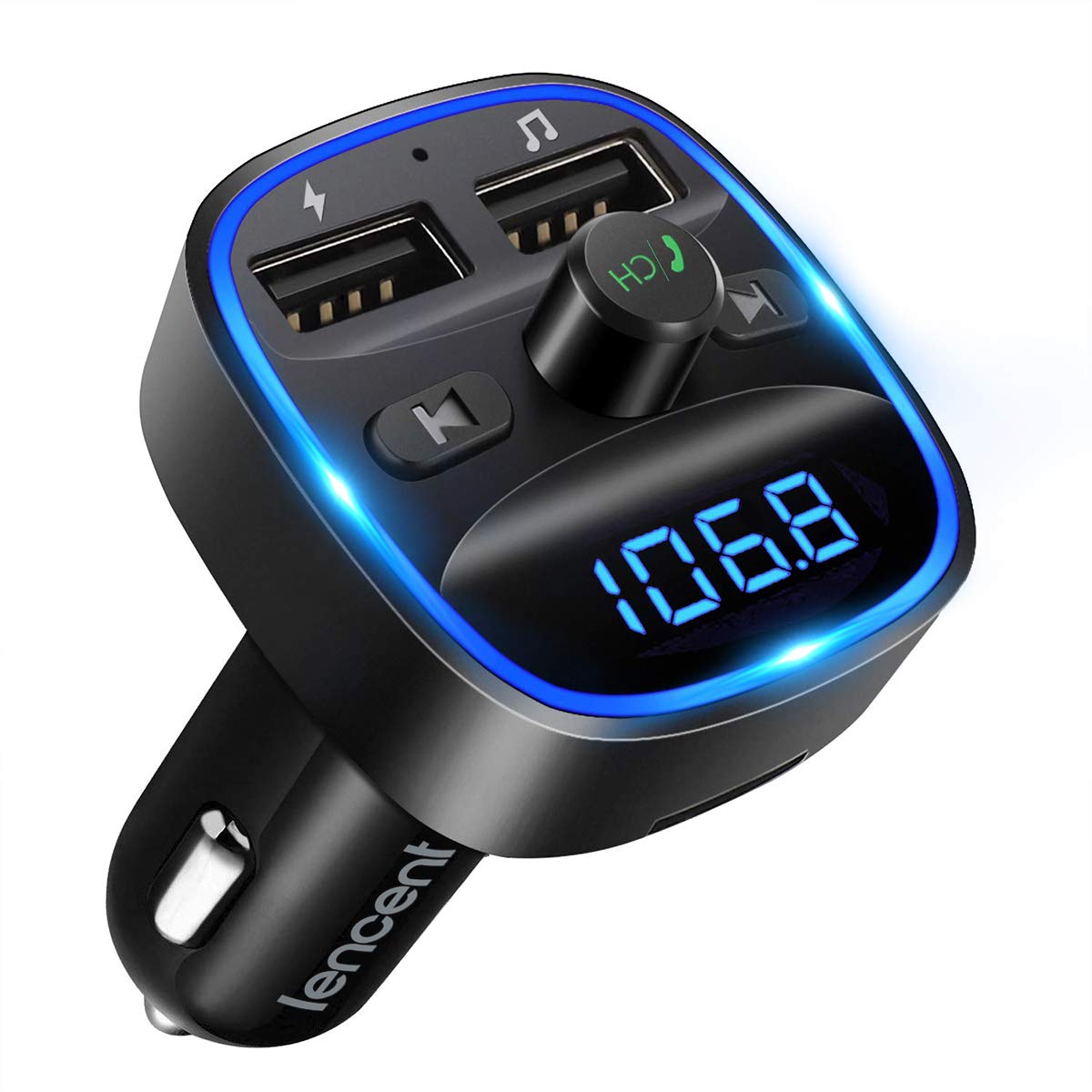 LENCENT Bluetooth FM Transmitter Auto, Musik Adapter für Auto Radio, KFZ Bluetooth Zigarettenanzünder Freisprechanlage, 2 USB Ports, Unterstützt SD-Karte USB-Sticks Blau-12W Angebot bei HelloDeals