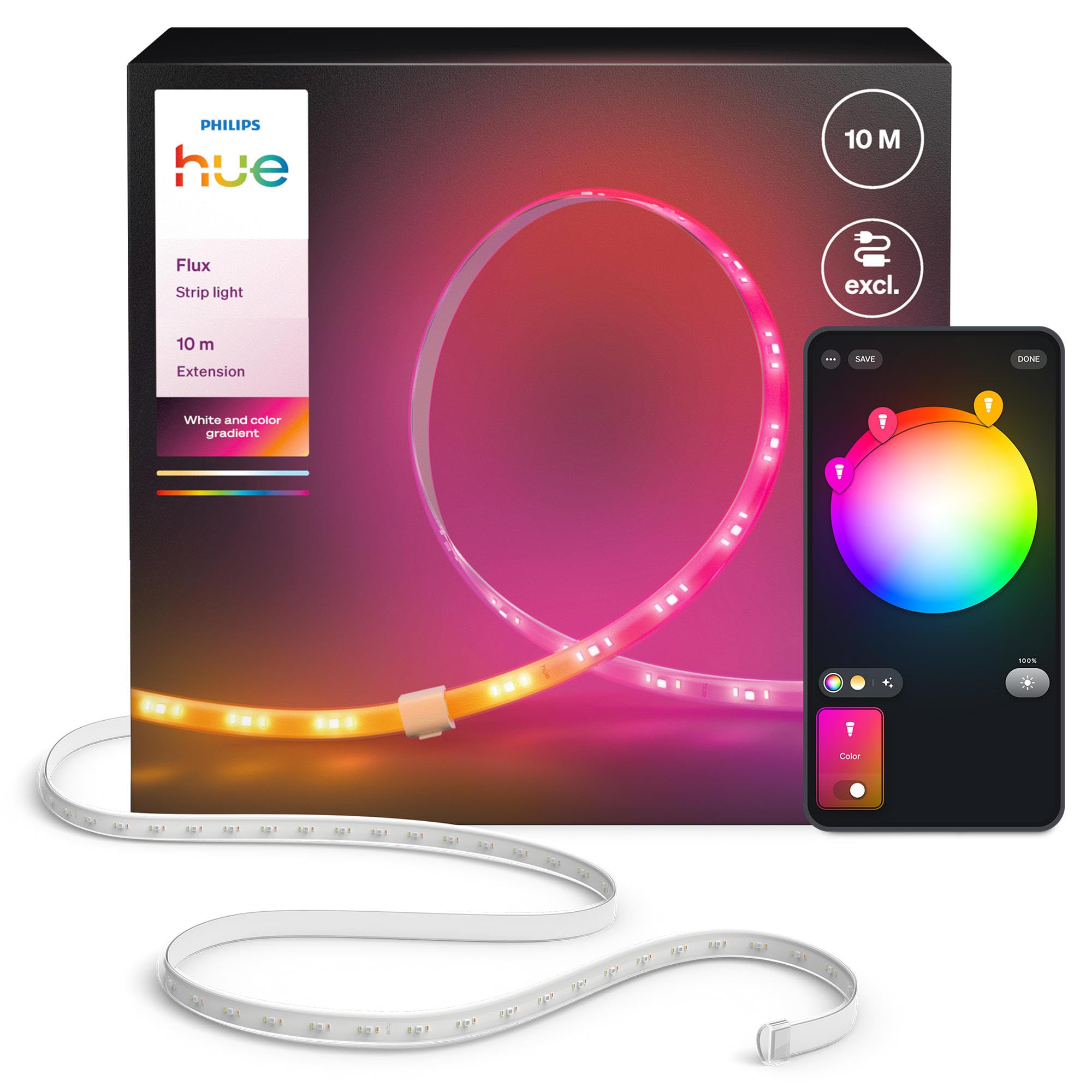Hue Flux 10 Meter LED Lightstrip-Verlängerung, Lebendige Farben und Ambiente, Flex. Innenbeleuchtung, Chromasync™-Farbmischung, Zuschneidbar, Erweiterbar, Wiederverwendbar, App- und Sprachsteuerung Angebot bei HelloDeals