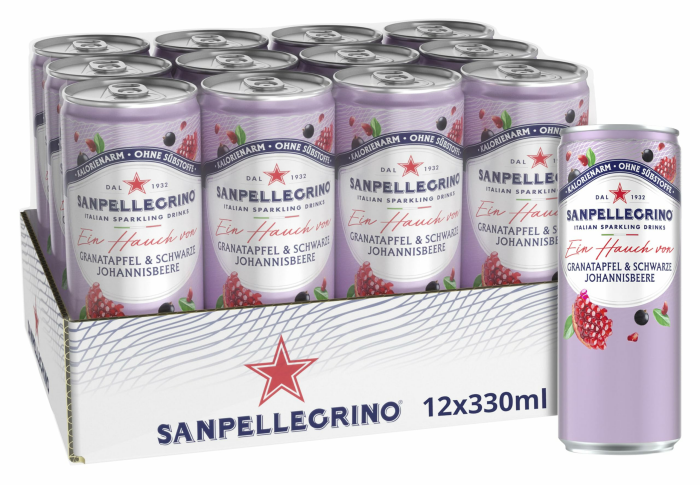 Sanpellegrino Creazioni Granatapfel & Schwarze Johannisbeere, Kalorienarme Limonade, 33 Kalorien pro Dose, 12er Pack (12 x 330ml) Einweg-Dosen Angebot bei HelloDeals