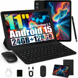 Tablet, Android Tablet 11 Zoll mit 14GB RAM + 64GB ROM (1TB TF), Octa-Core, Widevine L1, WiFi 6 & BT 5.3, 6800mAh Akku, Dual Kamera – Tablet mit Tastatur, Maus, Stift & Hülle Weiß Angebot bei HelloDeals