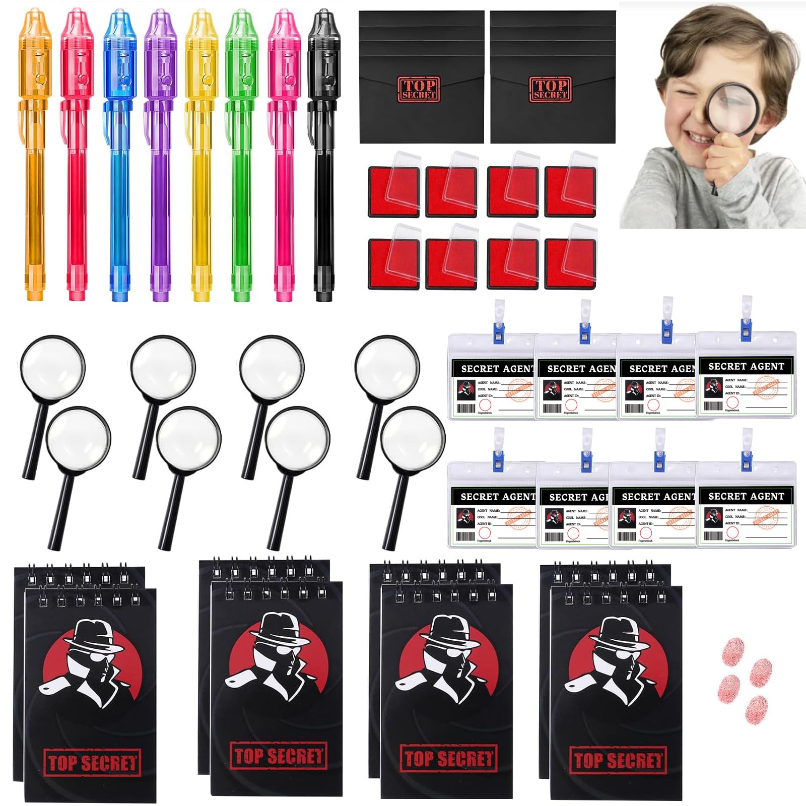 48 Stück Detektiv Kindergeburtstag Mitgebsel,Kindergeburtstag Detektiv Rollenspiel,mit UV Stift,Notizbuch, Lupen Spielzeug,Detektivausweis Ausweise mit Clip,Fingerabdruck Stempelkissen Angebot bei HelloDeals