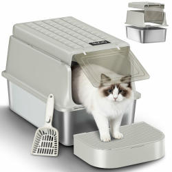 Edelstahl-Katzenklo mit Deckel, XXL Geschlossene Metall-Katzenklo, Katzentoiletten mit Schaufel und Fußstufe, Herausnehmbar, 120° Klappdeckel, Leicht zu Reinigen, Cremegrau, FPLB001SG1 Cremegrau Katzenklo Angebot bei HelloDeals