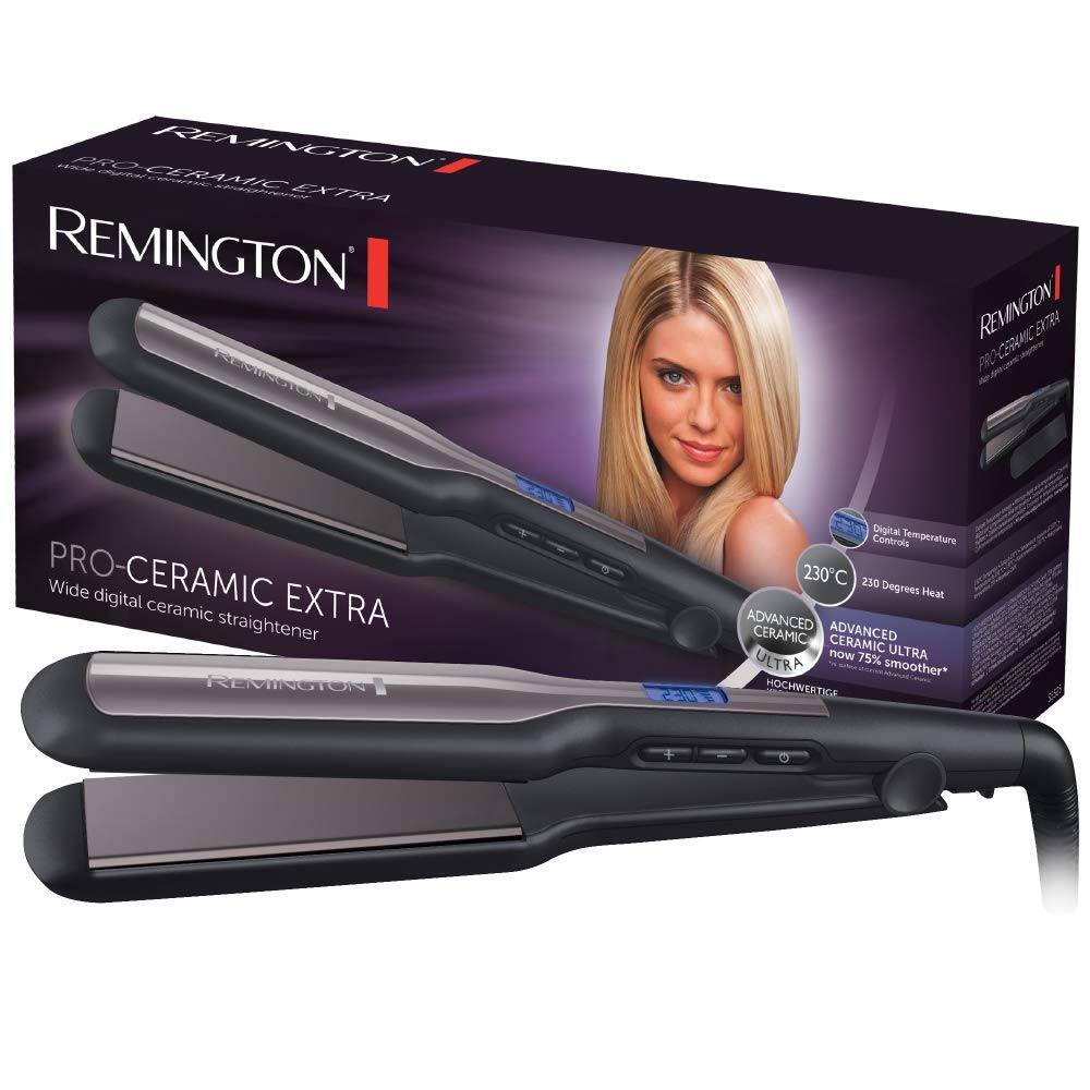 Remington Glätteisen breit Pro-Ceramic Extra (extra breite 45mm Stylingplatten -speziell für dickes, krauses, lockiges und sehr langes Haar) LCD-Display, 150-230°C, Haarglätter S5525 Schwarz breit mit Display Angebot bei HelloDeals