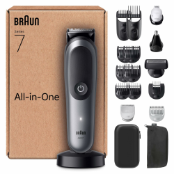 Braun All-in-One Series 7, 18-in-1 Multigroom, Barttrimmer, Nasenhaartrimmer, Haarschneidemaschine für Gesicht, Kopf und Körper, 120 Min Akku, 14 Längen (0.1–21 mm), Wasserdicht, AIO7585, Grau Angebot bei HelloDeals