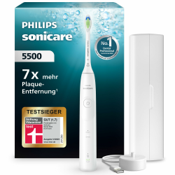 Philips Sonicare 5500 elektrische Zahnbürste, Schallzahnbürste mit 2 Putzmodi, Andruckkontrolle, EasyStart, SmarTimer und BrushPacer, Weiß, Modell HX7110/02 [Neue Technologie] [Neu], Sonicare 5500, Weiß + Etui Angebot bei HelloDeals