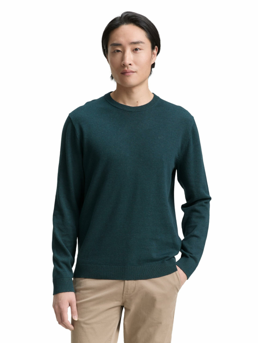 TOM TAILOR Herren Basic Strickpullover aus Baumwolle S 21545 - Sapphire Green Melange Angebot bei HelloDeals