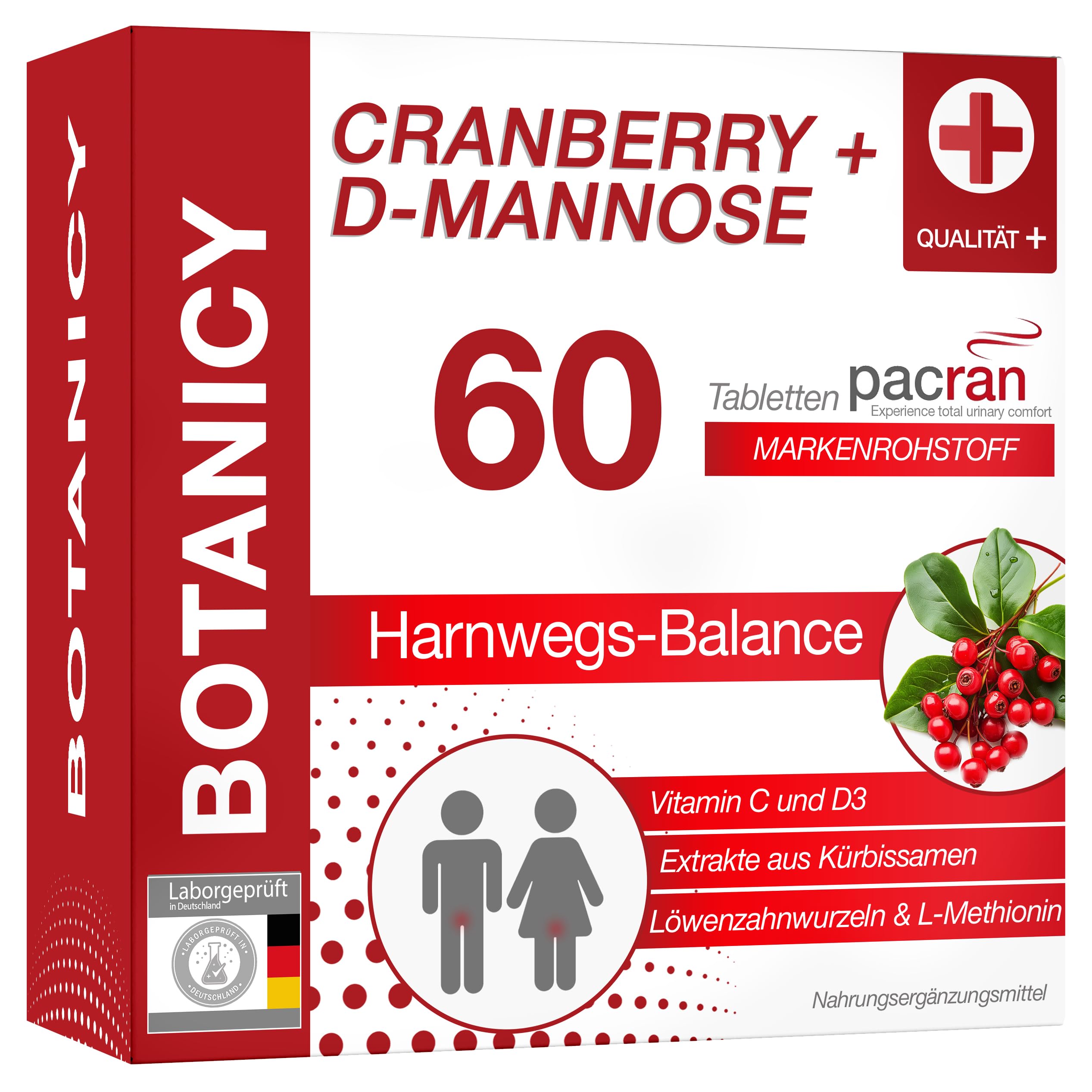 BOTANICY Cranberry + D-Mannose - Unterstützt Blase & Harnwege - PACRAN® Cranberry-Pulver, Vitamin C und D3, Kürbissamen & Löwenzahnwurzel Extrakt - 60 Cranberry Tabletten 60 Kapseln Angebot bei HelloDeals