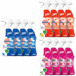 Sagrotan Bad-Reiniger Ozeanfrische für Hygiene im Bad + Küchen-Allzweck für die Reinigung der Küche + Allzweck für die Reinigung von Oberflächen – 12x750 ml Angebot bei HelloDeals