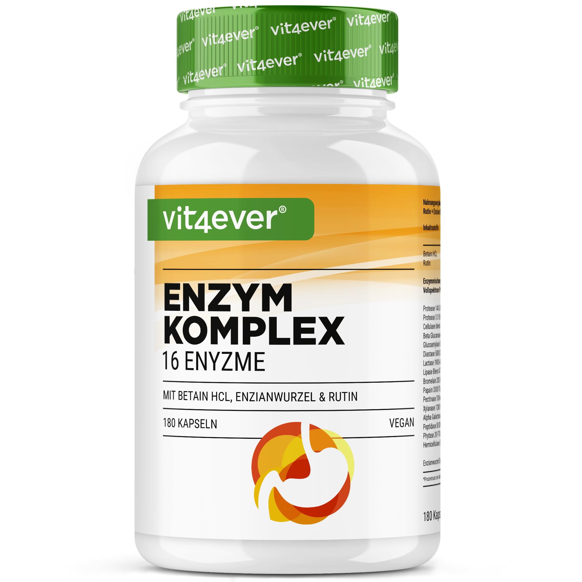 vit4ever Verdauungsenzyme - 180 Kapseln mit 16 Enzyme plus Betain HCL, Rutin & Enzianwurzel - Mit Bromelain, Papain, Amylase, Lipase, Protease, Laktase - Vegan - Hochdosiert Angebot bei HelloDeals