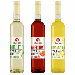 HÖLLINGER Bio Cocktailsirup Set, Mojito Limette-Minze, Aperitivo Bitter Orange, Limoncello Zitrone, Alkoholfrei, 3x500ml Glasflaschen, 1:9 Mischverhältnis Angebot bei HelloDeals