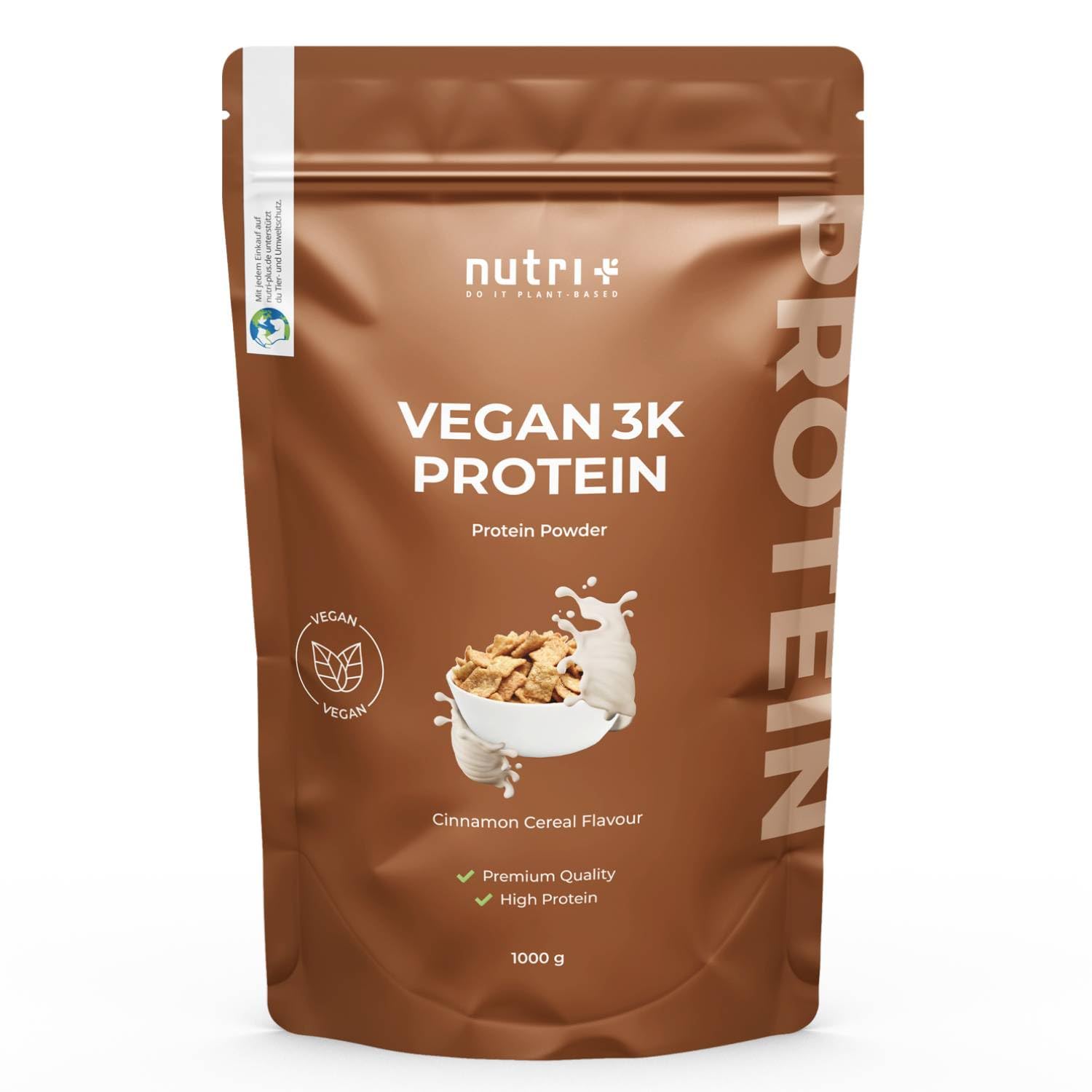 Nutri + Vegan Proteinpulver Cinnamon Cereal 1 kg - 3k Eiweißshake - Veganes Eiweißpulver ohne Laktose Protein Powder - Proteinkomplex Zimt Cerealien Cinnamon Cereal 1000 g (1er Pack) Angebot bei HelloDeals