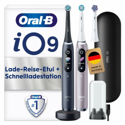 Oral-B iO Series 9 Elektrische Zahnbürste, Doppelpack — Electric Toothbrush, Inkl. 3 Aufsteckbürsten, Lade-Reise-Etui, Schnellladestation — 7 Modi für Zahnpflege, Designed by Braun, Schwarz und Rosa Black Onyx / Rose Quartz 2 Bürsten + 3 Köpfe Angebot bei HelloDeals