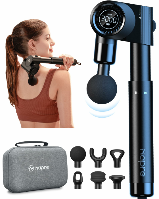 Napre Massagepistole Massage Gun Muskel Percussion Massagegerät mit 32 Geschwindigkeiten Massage Pistole für Schulter Körper Rücken Entspannung,5 Verstellbaren Winkel,mit Metallgriff Verlängerung Schwarz Angebot bei HelloDeals