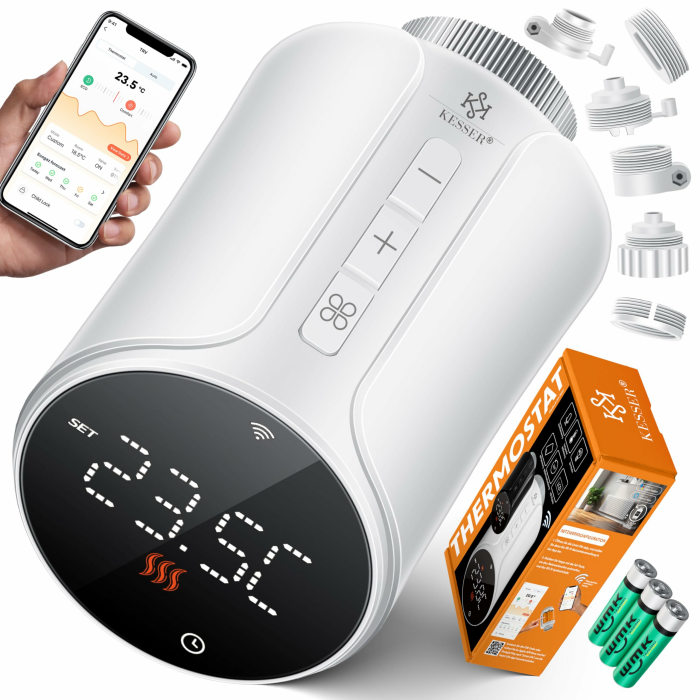 KESSER® Heizkörperthermostat WiFi Heizungsregler | Heizungsthermostat WLAN mit Smart Home App Steuerung | Thermostat Alexa, Google Assistant mit 6 Heizkörperventilen | Energie & Kosten sparen Rund 1 Stück Weiß Angebot bei HelloDeals