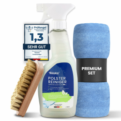 Treufix - Polsterreiniger & Teppichreiniger für Autositze, Sofa & Couch [Profi SET inkl. Polsterbürste & Mikrofasertuch] Effektiver Sofa Reiniger für maximale Sauberkeit 500 ml - Made in DE Komplett SET Angebot bei HelloDeals