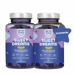 Melatonin Gummies 0,5mg für den Schlaf,120 Tage Doppelpack, Extra Leckere mit Baldrian + Passionsblume + Kamille + Lavendel + Vitamin B6, Blaubeergeschmack, 120 leckere Gummibärchen, Vegan, BeSoHappy® Sweet Dreams Duo Pack Angebot bei HelloDeals