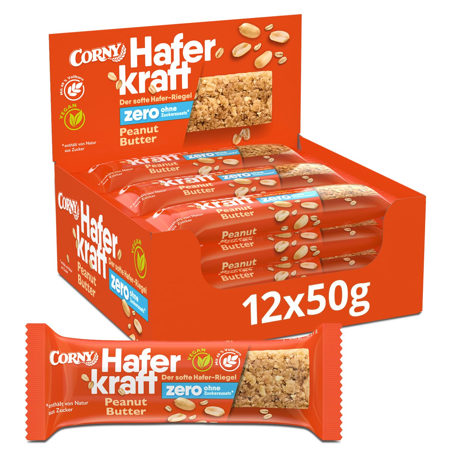 Haferriegel | Corny Haferkraft Zero Peanut | Veganer Müsliriegel ohne Zuckerzusatz | Mit knackigen Erdnüssen | Energiereicher Snack für unterwegs | Großverpackung 12x50g Angebot bei HelloDeals