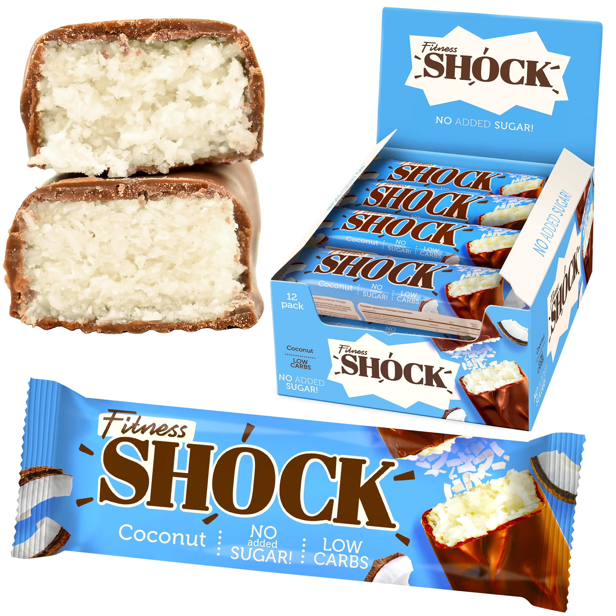 FitnesSHOCK Low Carb Riegel ohne Zucker 12-er Pack in dunkler Schokolade, 3,5g carbs, Fitness Eiweissriegel, ohne Mehl und Palmöl, ballaststoffreich, Kokos Geschmack 12x50g Kokosnuss 12x50g Angebot bei HelloDeals