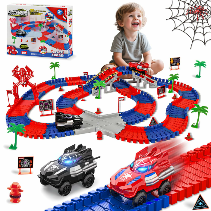 Spider Autorennbahn Set mit 2 Elektroautos - Auto Rennbahn Spielzeug ab 3 4 5 6 7 8 Jahre Junge Mädchen, Kleinkind Autobahn Flexible Track Spielset, Kinder Weihnachten Geburtstag Geschenk (212 PCS) Angebot bei HelloDeals