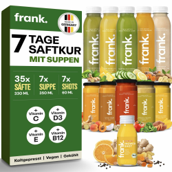 Frank Juice 7 Tage Saftkur mit Suppe | 35 x 330ml Säfte + 7 x 350ml Bio Suppen + 7 x 60ml Bio Ingwer shot | Direktsaft kaltgepresst Vegan | ideale Fastenkur aus frischem Obst & Gemüse Angebot bei HelloDeals
