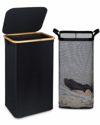 efluky Wäschekorb mit Deckel, 100 Liter hoher Wäschebox mit Bambus Henkel und Innentasche, faltbarer groß XXL Waschekorbsammler, Laundry Baskets für Schlafzimmer Badezimmer, schwarz 100 Liter (1 Fach) Schwarz Angebot bei HelloDeals