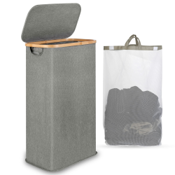 Wäschekorb mit Deckel 65L, Wäschekorb Schmal mit herausnehmbarer und waschbarer Innentasche, Wäschesammler Bambus, faltbare Wäschekörbe für Waschküche, Schlafzimmer, Badezimmer (grau) 65L mit Deckel Grau Angebot bei HelloDeals
