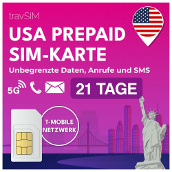travSIM USA SIM Karte | T-Mobile Netz | Unbegrenzte Daten, Anrufe & Texte in den USA | SIM Karte USA funktioniert auf iOS & Android Geräten | SIM USA 21 Tage SIM USA - 21 Days Angebot bei HelloDeals