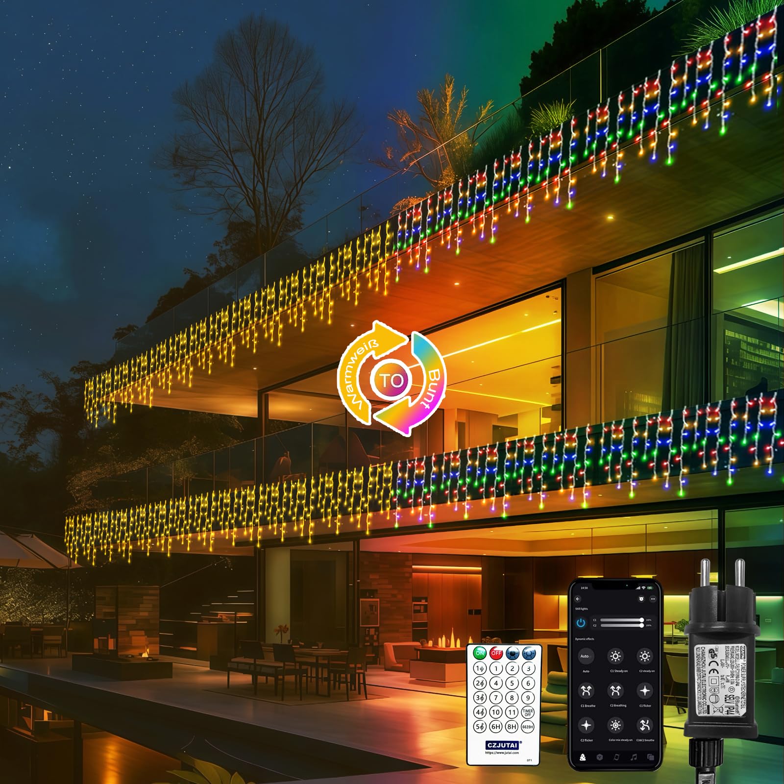 Eisregen Lichterkette mit App Steuerung, Lichterkettenvorhang mit musikalischem Rhythmus, IP44 wasserdicht, 17 Modi, App-Timer & Fernbedienung für Wohnzimmer Hochzeit Weihnachten Party Halloween Warmweiß und Bunt 15m600leds Angebot bei HelloDeals