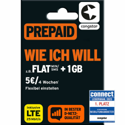 congstar Prepaid wie ich Will SIM-Karte ohne Vertrag I Prepaid-Guthaben Wunschmix in D-Netz-Qualität I frei wählen 1-15 GB & 9 Ct. pro Min/SMS – Flat I alle 4 Wochen neu Mixen I 10 EUR Startguthaben Wie ich will (Custom) Angebot bei HelloDeals