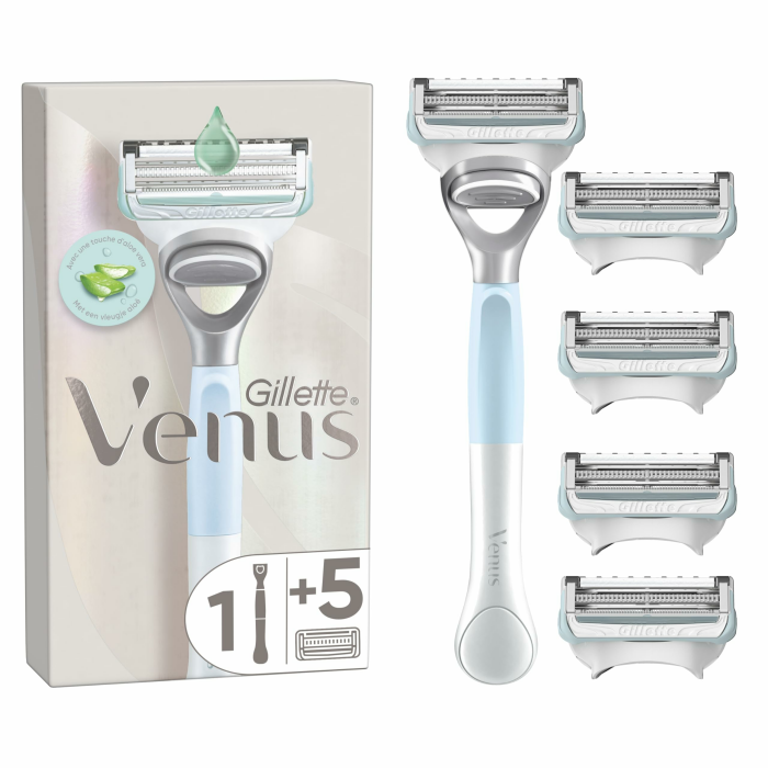 Gillette Venus Damenrasierer für den Intimbereich mit 5 ORIGINAL Ersatzklingen für Damen Nassrasierer, Intimrasierer für Frauen Hilft, die Haut vor Irritationen zu Schützen Rasierer + 5 Klingen Angebot bei HelloDeals