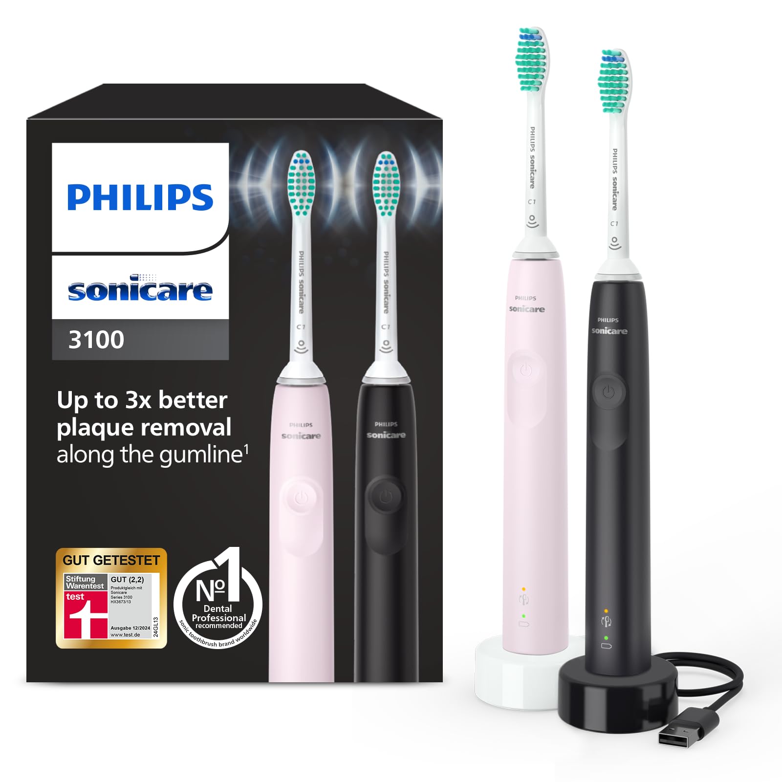 Philips Sonicare 3100 elektrische Zahnbürste, Schallzahnbürste, Andruckkontrolle und Timer, Sugar Rose und Schwarz, Zweierpack, Modell HX3675/15 2 stück (1er Pack) Angebot bei HelloDeals