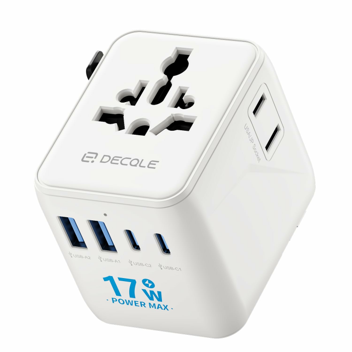 Reiseadapter Weltweit, Universal Reisestecker mit 2 USB-C, 2 USB-A und 1 AC Steckdose, Internationaler Steckdosenadapter, AC Adapter Universaladapter für EU, UK, US, AU (Weiß) 2C+2A 17W Weiß Angebot bei HelloDeals