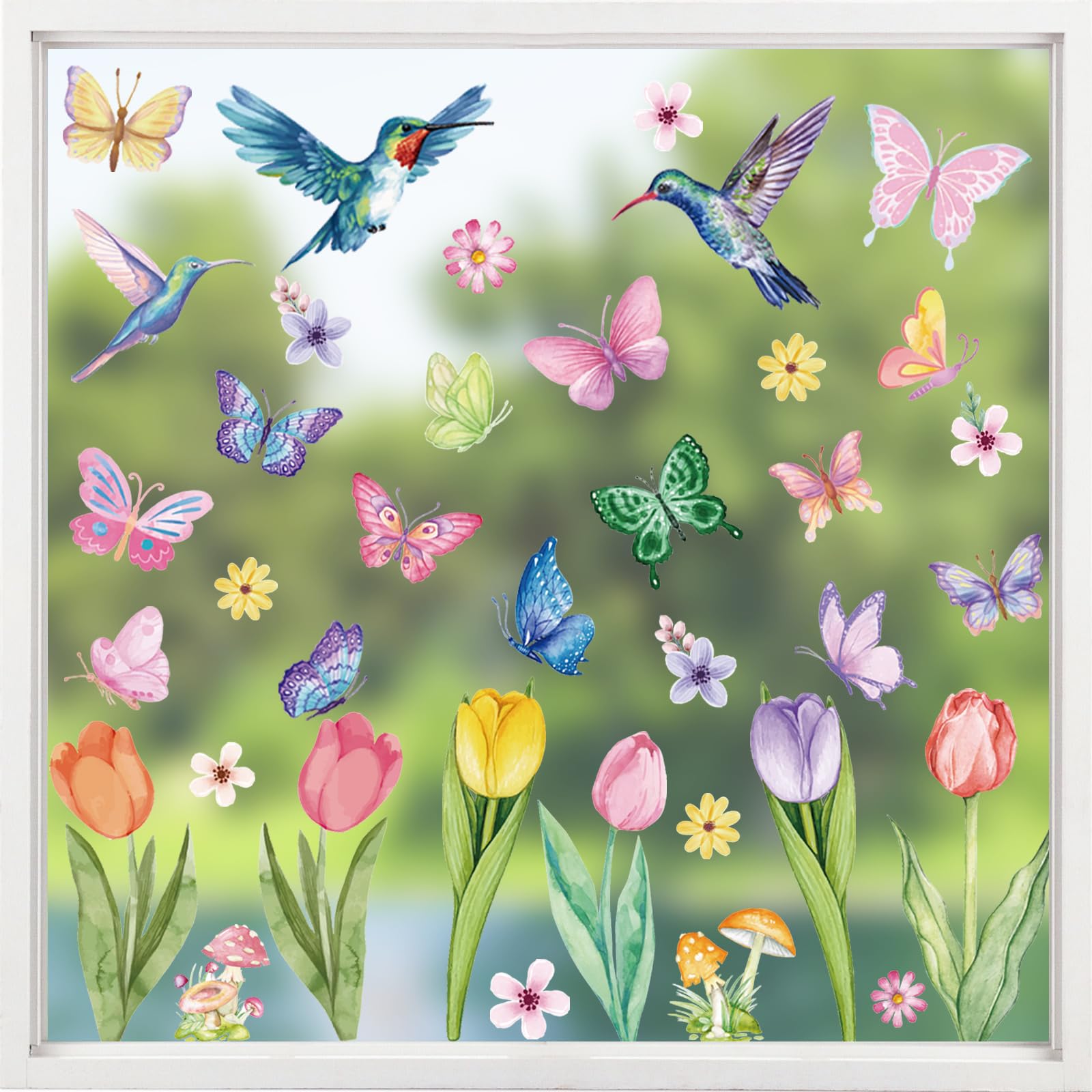 Aquarell Fensterbilder Frühling, 8 Blätter Selbstklebend Fensterbilder Blumen Vogel Schmetterling Doppelseitig Fenstersticker Frühling Wiederverwendbar für Fensterdeko Kinderzimmer Frühlingsdeko Frühling A Angebot bei HelloDeals
