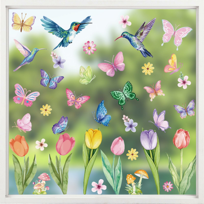 Aquarell Fensterbilder Frühling, 8 Blätter Selbstklebend Fensterbilder Blumen Vogel Schmetterling Doppelseitig Fenstersticker Frühling Wiederverwendbar für Fensterdeko Kinderzimmer Frühlingsdeko Frühling A Angebot bei HelloDeals