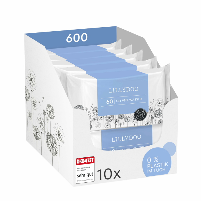 LILLYDOO Baby Feuchttücher mit 99% Wasser, 600 Stück (10 x 60), 100% plastikfreies Tuch, ohne Parfüme & mild wie Watte und Wasser Feuchttücher mit 99% Wasser 60 stück (10er Pack) Angebot bei HelloDeals