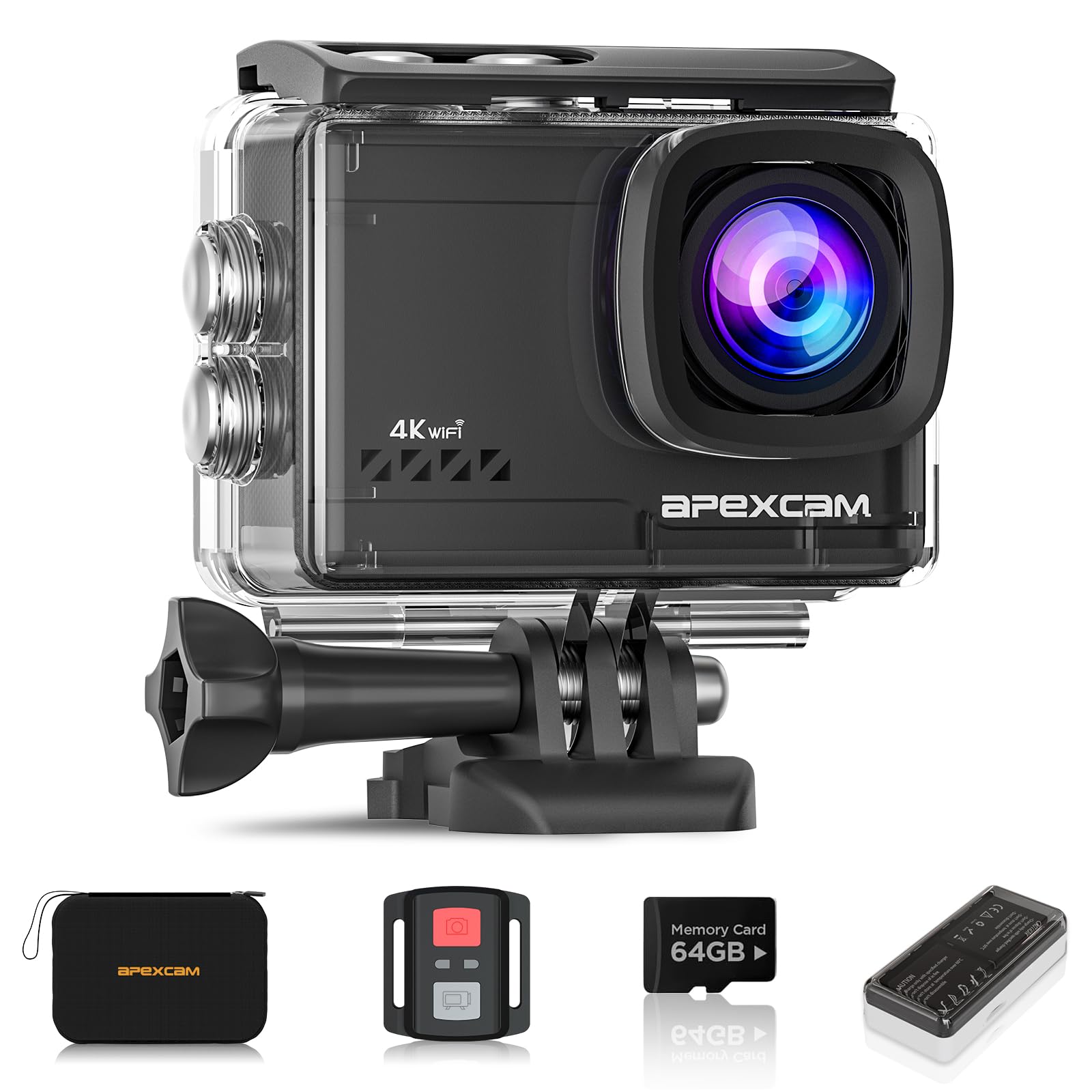 Apexcam M80Air mit 64G Karte Action Cam 4K60FPS 64MP WiFi Sportskamera Unterwasserkamera 40m Wasserdicht EIS Stabilisierung 8X Zoom 2.4G Fernbedienung 2x1350mAh Akkus mit Zubehör-Set M80 AIR mit 64GB Karte Angebot bei HelloDeals