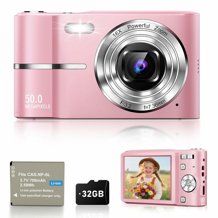 Digitalkamera 50MP Fotokamera 1080P Videokamera mit 16X Digitalzoom, 2,4" Bildschirm Vlogging Kamera Fotoapparat Mini Kompaktkamera für Kinder Teenager, 32G Karte (Rosa) Angebot bei HelloDeals